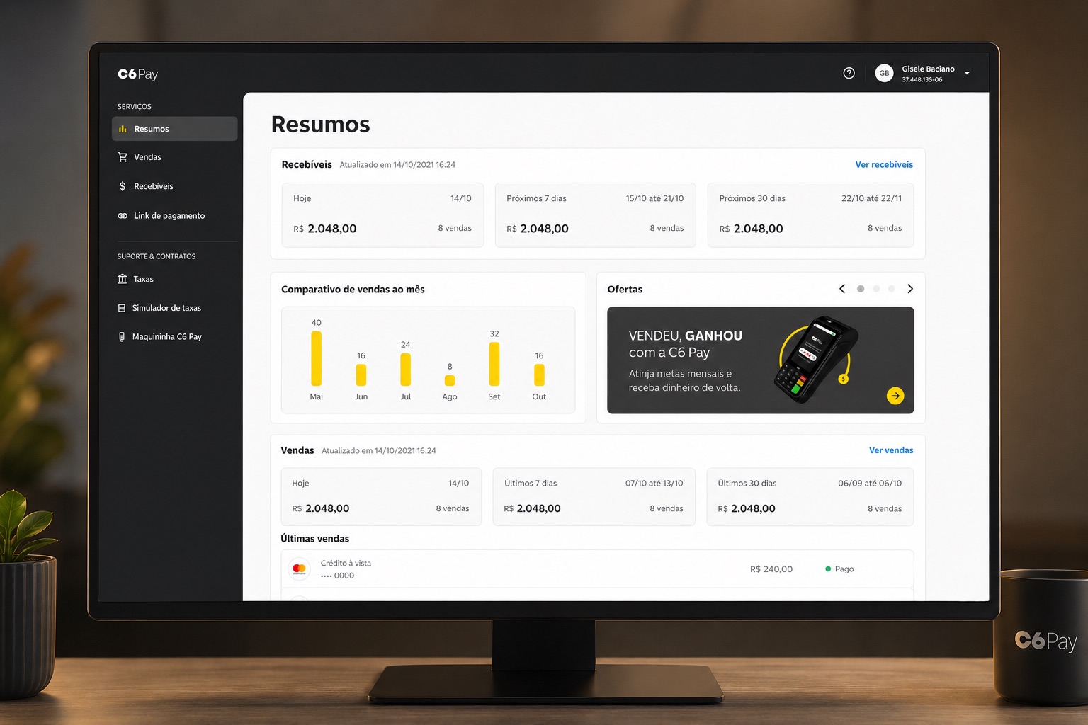 Estrutura de informação do portal C6 Pay redesenhado, organizando dados financeiros em blocos visuais para lojistas