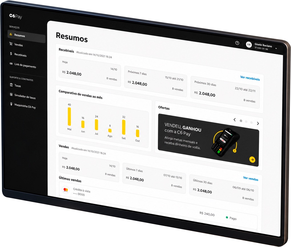 Nova interface do portal C6 Pay em perspectiva, exibindo o painel de gestão financeira para lojistas