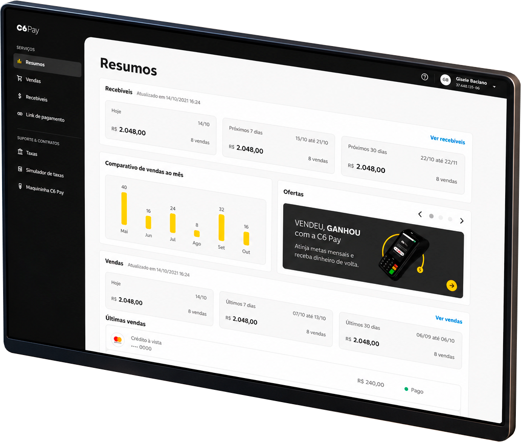 Nova interface do portal C6 Pay em perspectiva, exibindo o painel de gestão financeira para lojistas