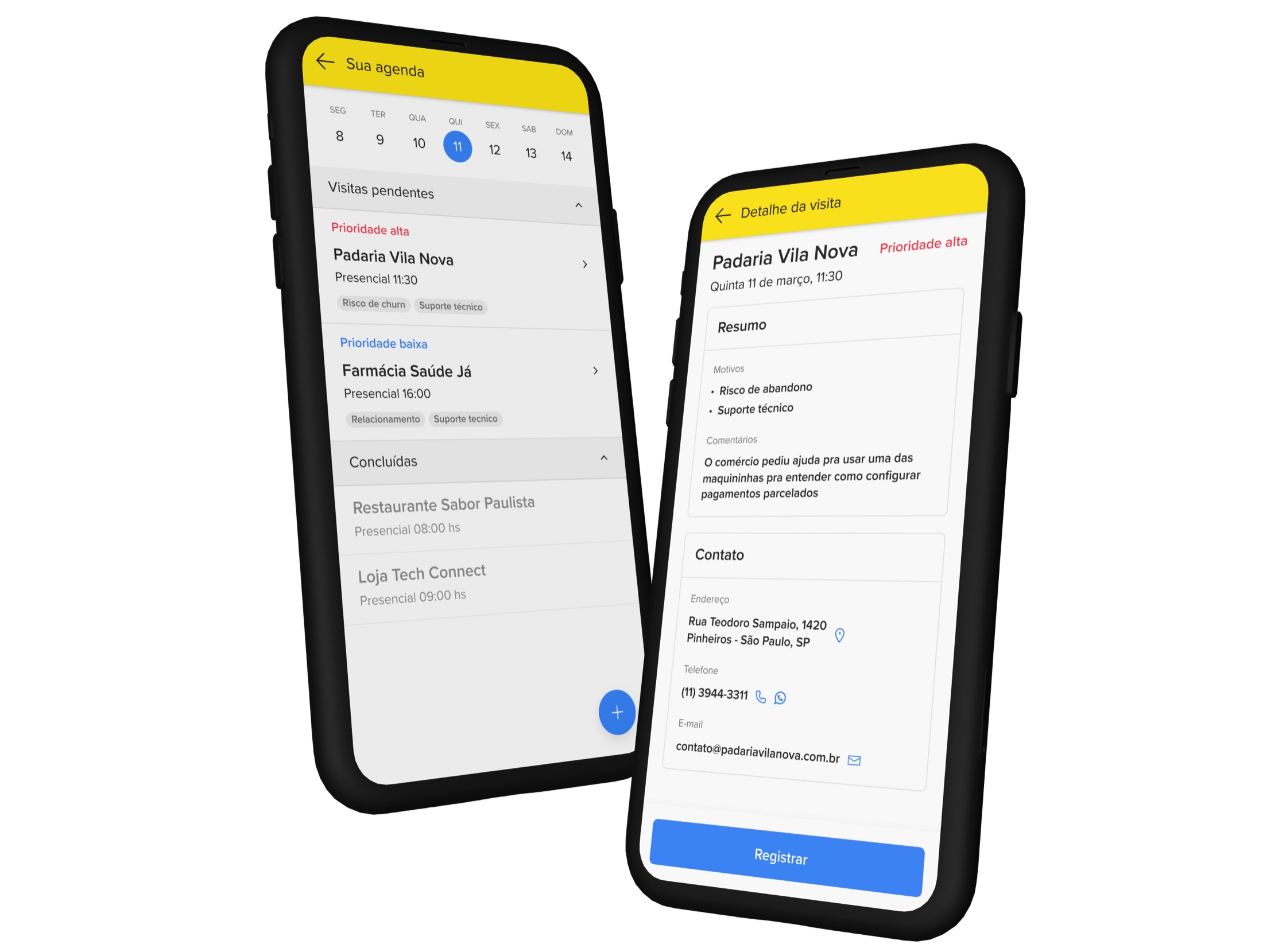Mockup do aplicativo de priorização de visitas comerciais do Mercado Pago mostrando a agenda e o detalhe de visita