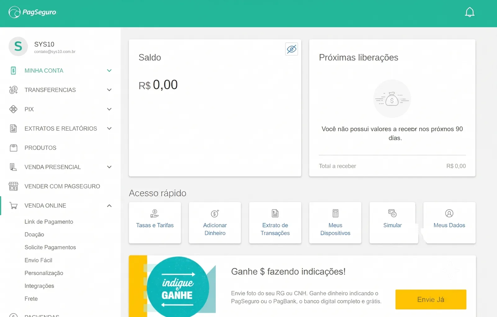 Portal PagSeguro em 2020, com saldo, próximas liberações e atalhos para tarefas financeiras