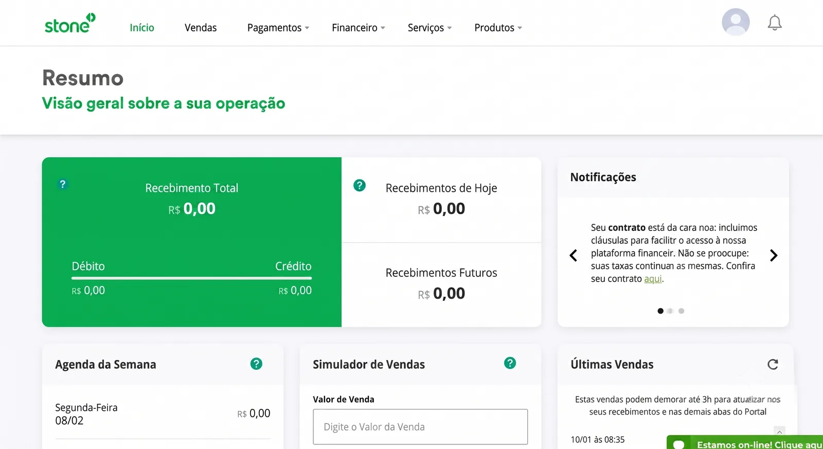 Portal da Stone em 2020, com resumo de recebimentos, agenda da semana, simulador e últimas vendas